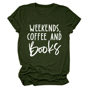 Detail of army green crewneck T-shirt with white WEEKENDS COFFEE AND BOOKS print