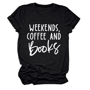 Detail of black cotton T-shirt featuring Weekends Coffee and Books white print
