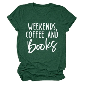 Detail of forest green crewneck T-shirt with white WEEKENDS COFFEE AND BOOKS print