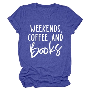 Flat lay of royal blue heather t-shirt featuring Weekends Coffee and Books white typography