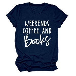 Detail of soft navy crew neck tee featuring weekends coffee and books cursive print