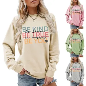 Women Casual Pullover Sweatshirt Cotton Blend Long Sleeve Crewneck Letter Print Loose Fit Top Autumn Winter Fashion Apparel