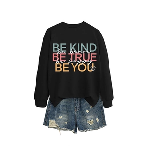 Women's black inspirational sweatshirt and ripped denim shorts outfit set with leopard heart