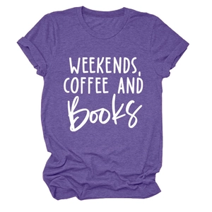 Close-up of purple heather fabric T-shirt with Weekends Coffee and Books print