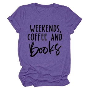 Detail of purple cotton T-shirt featuring Weekends Coffee and Books graphic text