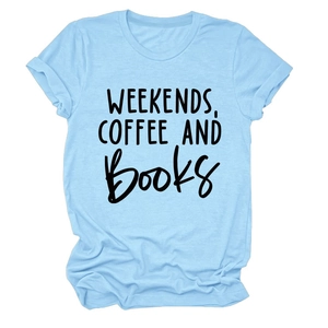 Light blue crew neck t-shirt with weekends coffee and books print and rolled sleeves