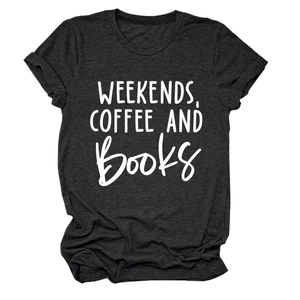 Flat lay of charcoal grey cotton t-shirt with weekends coffee and books print