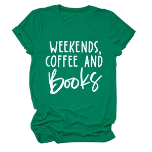 Detail of forest green cotton T-shirt featuring WEEKENDS COFFEE AND BOOKS printed text