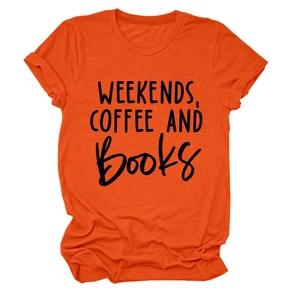 Detail of orange cotton t-shirt featuring Weekends Coffee and Books slogan print