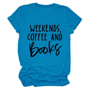 Detail view of cotton fabric texture and printed text on light blue t-shirt