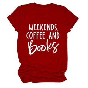 Detail of red cotton T-shirt featuring white WEEKENDS COFFEE AND BOOKS printed text