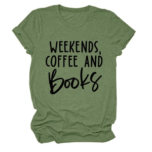 Detailed view of olive green t-shirt fabric with Weekends Coffee and Books print
