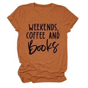 Detail of caramel cotton t-shirt with rolled sleeves and weekends coffee and books print
