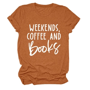 Detail of burnt orange t-shirt with white 'Weekends, Coffee and Books' slogan text
