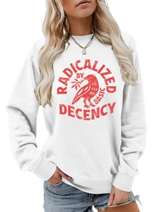 Détail du sweat blanc à col rond avec poignets côtelés et imprimé graphique rouge