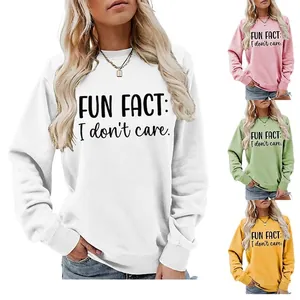 Fun Fact I Dont Care Women Slogan Print Sweatshirt Crewneck Long Sleeve Loose Fit Casual Pullover Cotton Blend Top