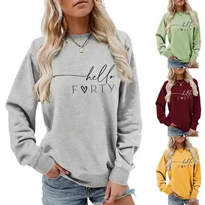 Women Crewneck Sweatshirt Hello Forty Heart Print Long Sleeve Casual Cotton Blend Pullover Top For Ladies