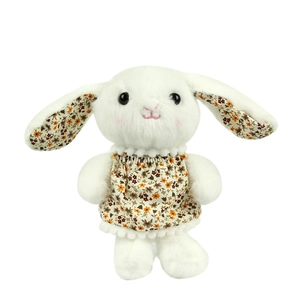 Plush white bunny keychain in a cute floral dress, soft long fur stuffed rabbit toy
