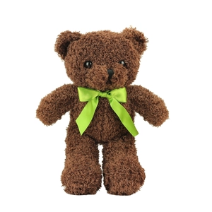Classic brown plush teddy bear with seaweed texture fur and a vibrant green satin bowtie