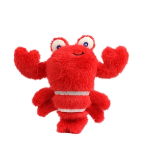 Cute red plush lobster toy with blue sequin eyes and white striped belly for bags
