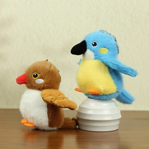 Close-up of plush bird keychains in blue and brown with soft texture and metal clips
