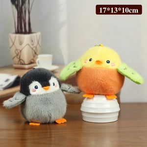 Cute plush penguin and sparrow toy keychain charms on a cozy wooden desk, 17x13x10cm