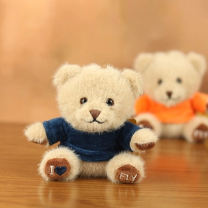 Detail of cute teddy bear plush charm with embroidered lettering on paw and soft velvet hoodie
