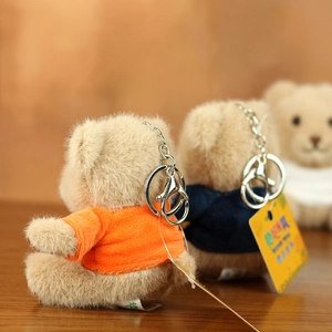 Detail of plush bear keychain showing back stitching and metal lobster clasp attachment