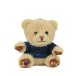 Cute brown plush teddy bear keychain in blue velvet hoodie with I FLY foot embroidery
