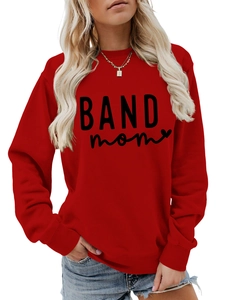 Detail of red crewneck sweatshirt featuring black BAND mom print and ribbed cuffs