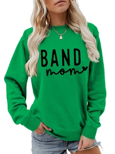 Detail of bright green long sleeve sweatshirt featuring Band Mom heart graphic print