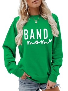 Detail of bright green long-sleeve sweatshirt featuring white BAND mom print and ribbed cuffs