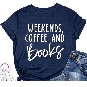 Women Casual Cotton Blend Round Neck Short Sleeve T-Shirt Weekends Coffee And Books Letter Print Knot Hem Summer Top