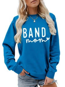 Detailed view of long sleeve blue sweatshirt featuring white BAND mom heart print