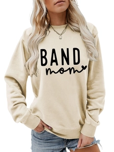 Detail of beige long-sleeve sweatshirt showing ribbed cuffs and BAND mom print