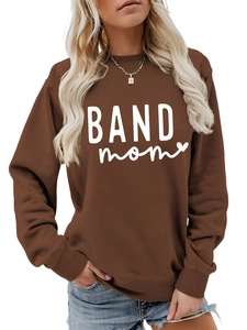 Close-up of brown long sleeve BAND mom sweatshirt with white lettering and heart design