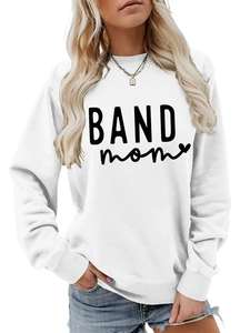 Detail of Band Mom print on white long sleeve sweatshirt with ribbed cuffs