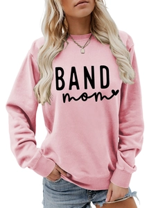 Pink crewneck sweatshirt for women featuring BAND mom text and ribbed cuff details