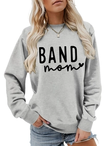 Detail of light grey crewneck sweatshirt with black BAND mom print and heart icon