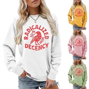 Sweat-shirt Femme Décontracté Col Rond Manches Longues Imprimé Oiseau Lettre Mélange Coton Pullover Ample Streetwear Top