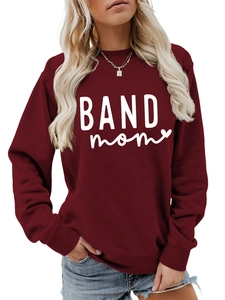 Detail showing Burgundy long sleeve sweatshirt with white BAND mom text and heart print