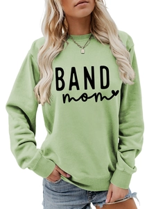 Detail of light green Band Mom sweatshirt showing ribbed crewneck and cotton knit texture