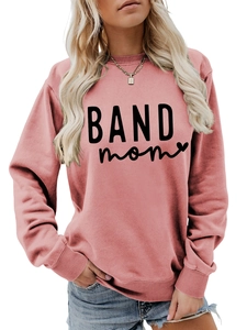 Detailed view of pink Band Mom sweatshirt with artistic font and heart print detail