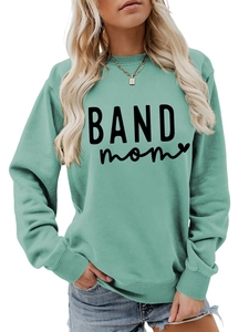 Detail of mint green long sleeve sweatshirt with black BAND mom print and ribbed neckline