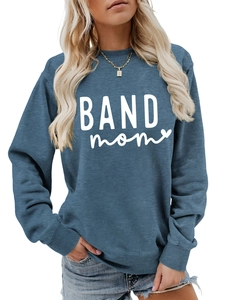 Detail view of the navy blue sweatshirt featuring white BAND mom lettering and heart