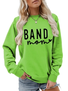 Detail of neon green crewneck sweatshirt featuring black BAND mom print and ribbed cuffs