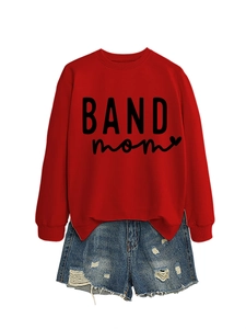 Close-up of red crew neck sweatshirt with BAND mom print and ribbed cuffs details