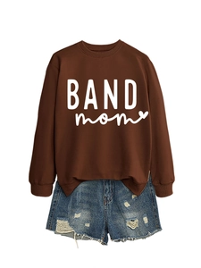 Close-up of brown crew neck sweatshirt featuring white BAND mom lettering and heart logo