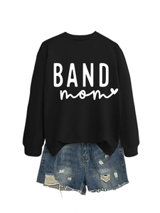 Detail of black BAND mom sweatshirt and distressed denim shorts for casual style