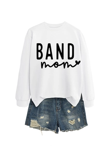 White BAND mom letter print sweatshirt paired with distressed blue denim shorts